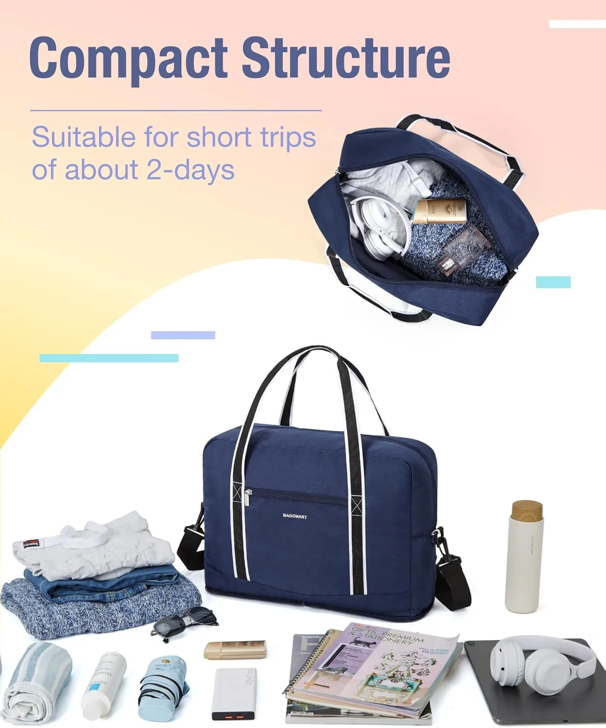 BAGSMART For Spirit Airlines Personal Item Bag 18x14x8, Foldable Travel Duffel Bag Tote Weekend Overnight Bag Carry on Luggage for Women and Men(Navy Blue))