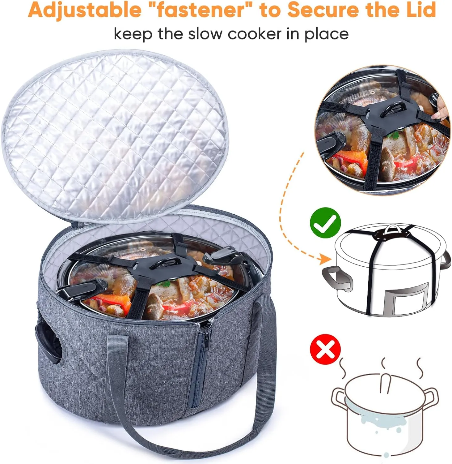 BAGSPRITE Slow Cooker Carrying Case Compatible with 6-8 Quart Crockpot Carrier for Hot Food and Hamlton Beach Slow Cooker Tote with Lid Fastener for Crock-pot Dust Cover Applicances