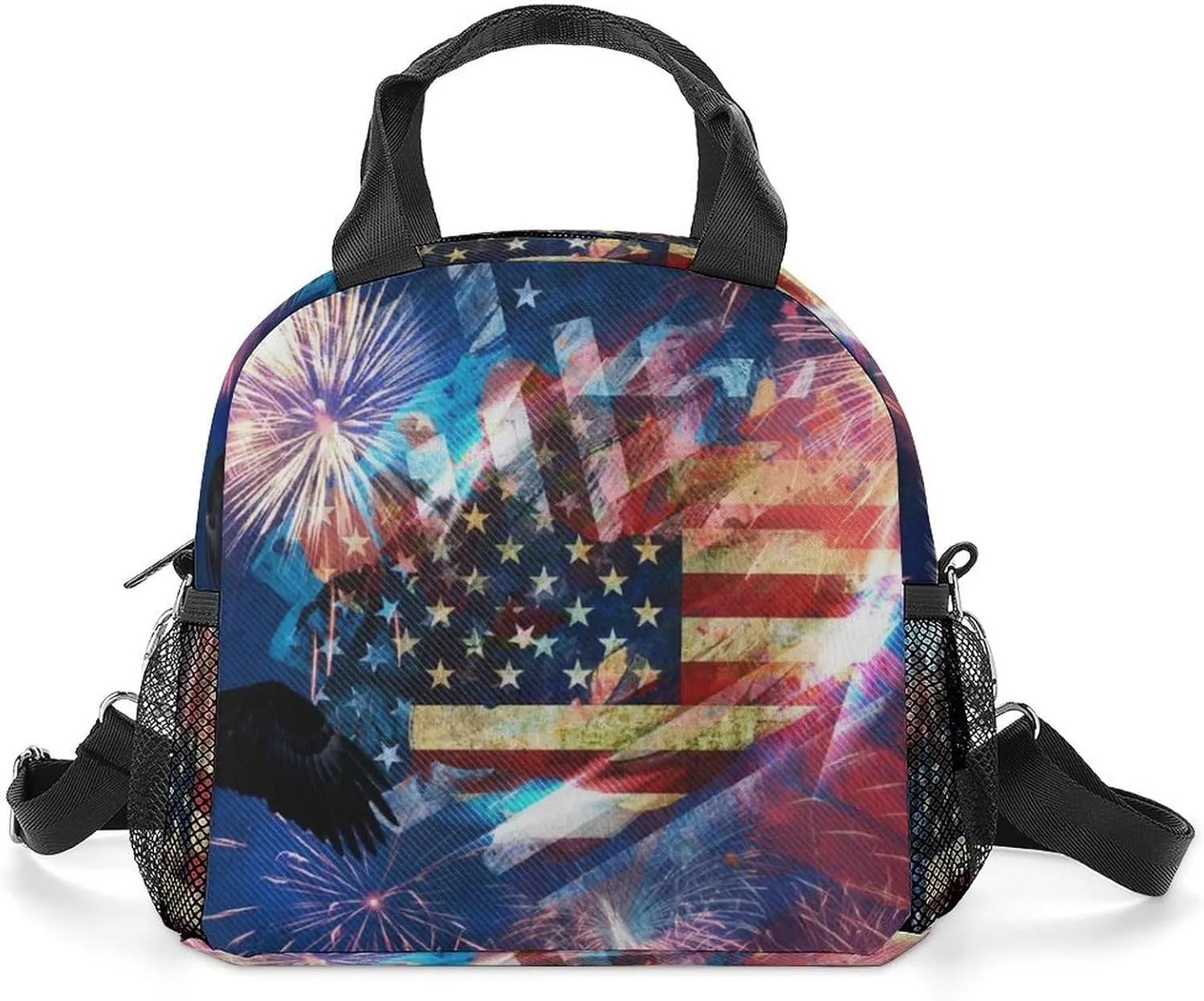 Bald Eagle with U.S. Flag Portable Lunch Box Crossbody Bag Tote Insulated with Adjustable Strap Work Beach Picnic