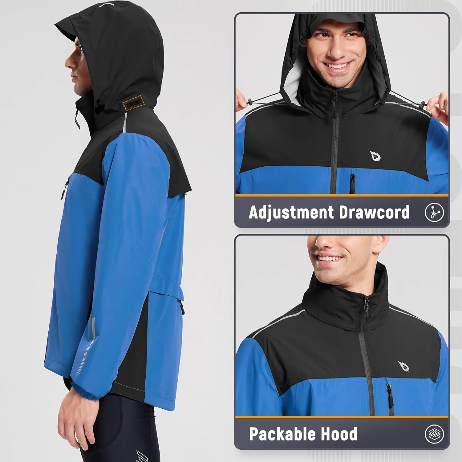 baleaf Men's Rain Jacket Waterproof Windbreaker Running Cycling Golf Hiking Gear Hood Lightweight Reflective Packable