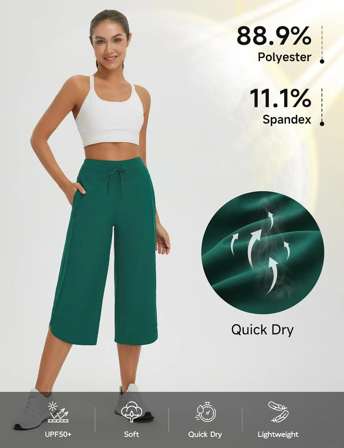 baleaf Women's Capri Pants Wide Leg Athletic Yoga Capris with Pockets Quick Dry Hiking Pants Loose Lounge Summer UPF 50 