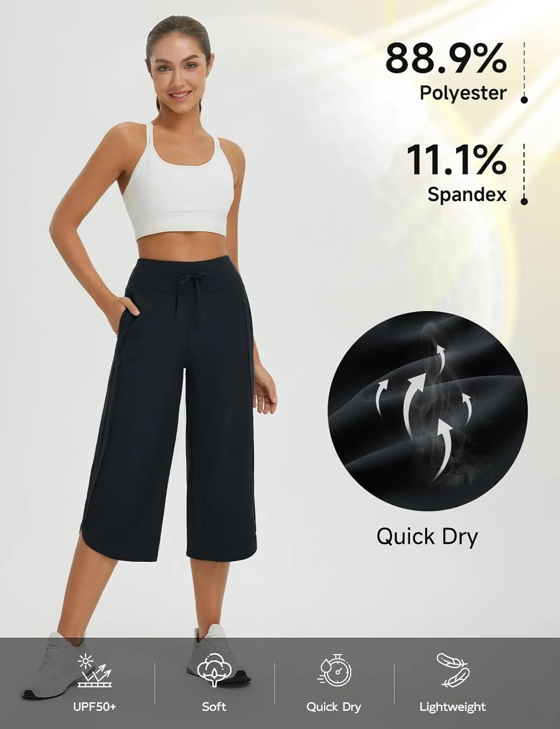 baleaf Women's Capri Pants Wide Leg Athletic Yoga Capris with Pockets Quick Dry Hiking Pants Loose Lounge Summer UPF 50 