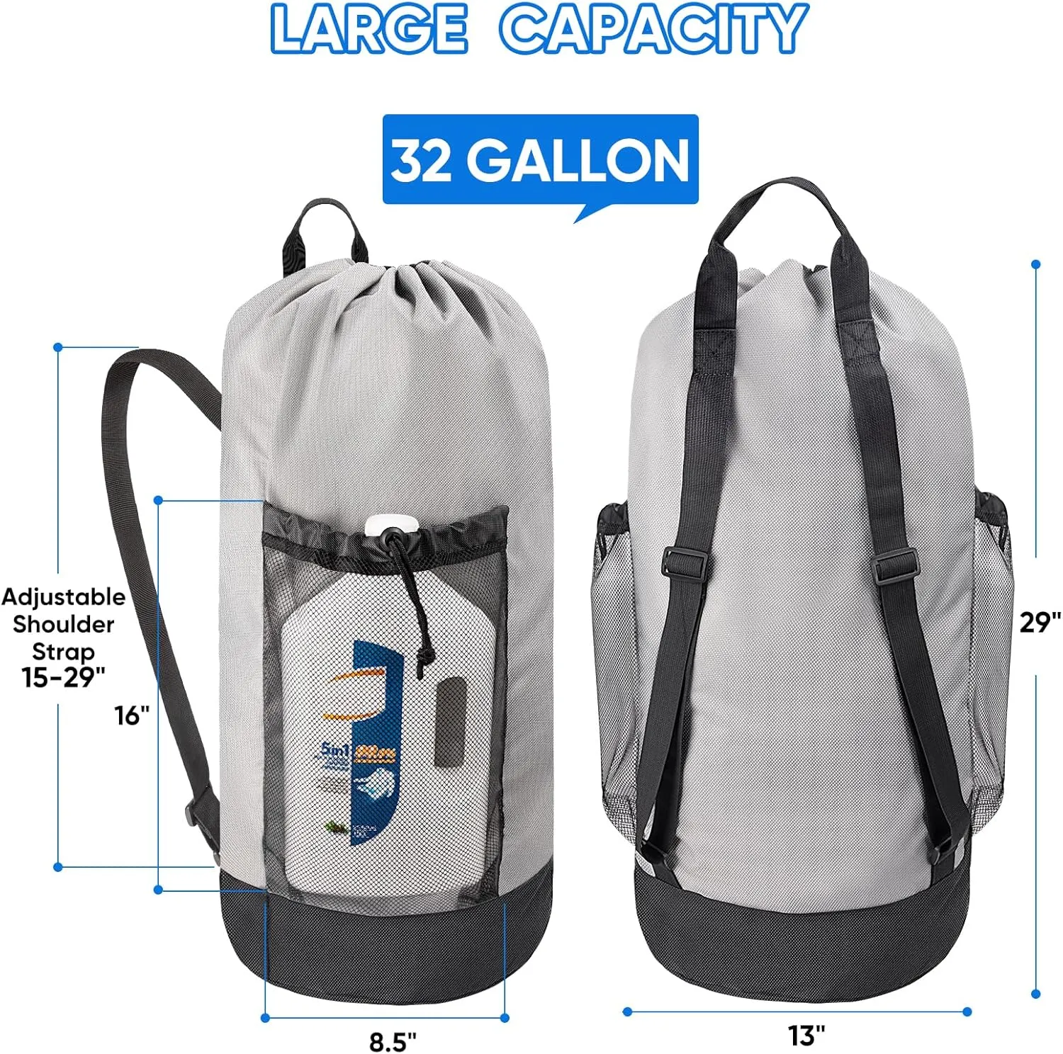 BALEINE 120L Laundry Bag Backpack, 900D Oxford Fabric Large Travel Laundry Bags with Shoulder Straps and 2 Mesh Pockets for College Dorm, Apartment, Laundromat (Black)
