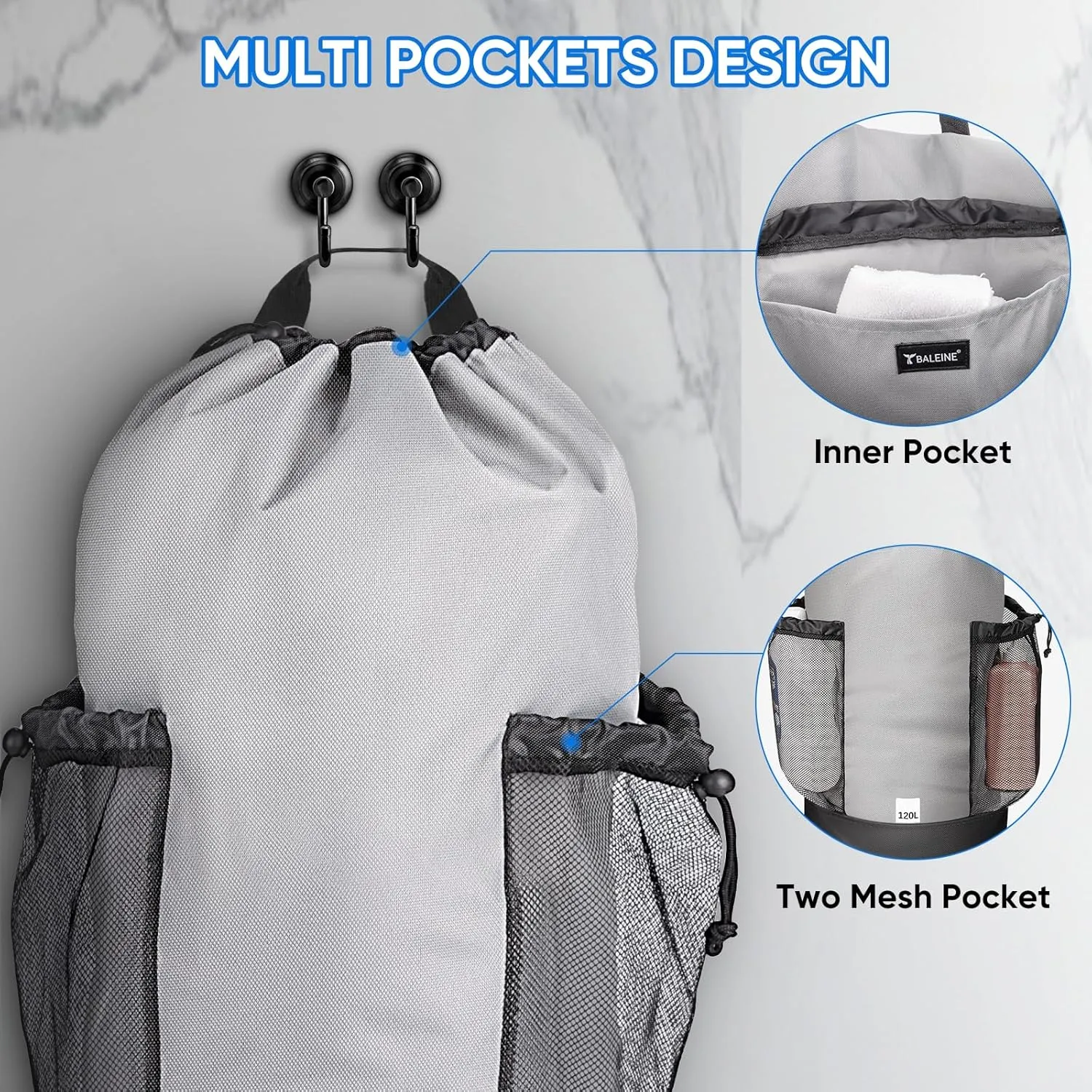 BALEINE 120L Laundry Bag Backpack, 900D Oxford Fabric Large Travel Laundry Bags with Shoulder Straps and 2 Mesh Pockets for College Dorm, Apartment, Laundromat (Black)