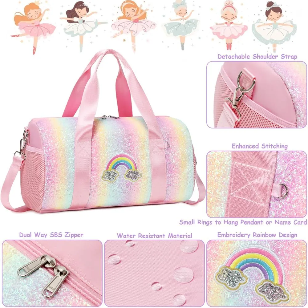 Ballet Dance Bag for Girls Dancers Shiny Rainbow Glitter Sports Duffle Bag for Kids Girls Ballerina Duffle with Shoulder Strap and Waterproof Wet Pocket
