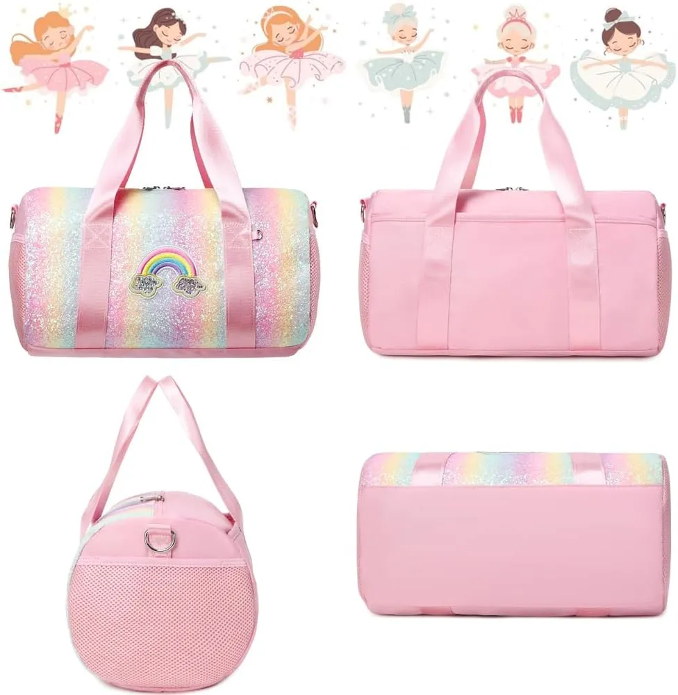 Ballet Dance Bag for Girls Dancers Shiny Rainbow Glitter Sports Duffle Bag for Kids Girls Ballerina Duffle with Shoulder Strap and Waterproof Wet Pocket