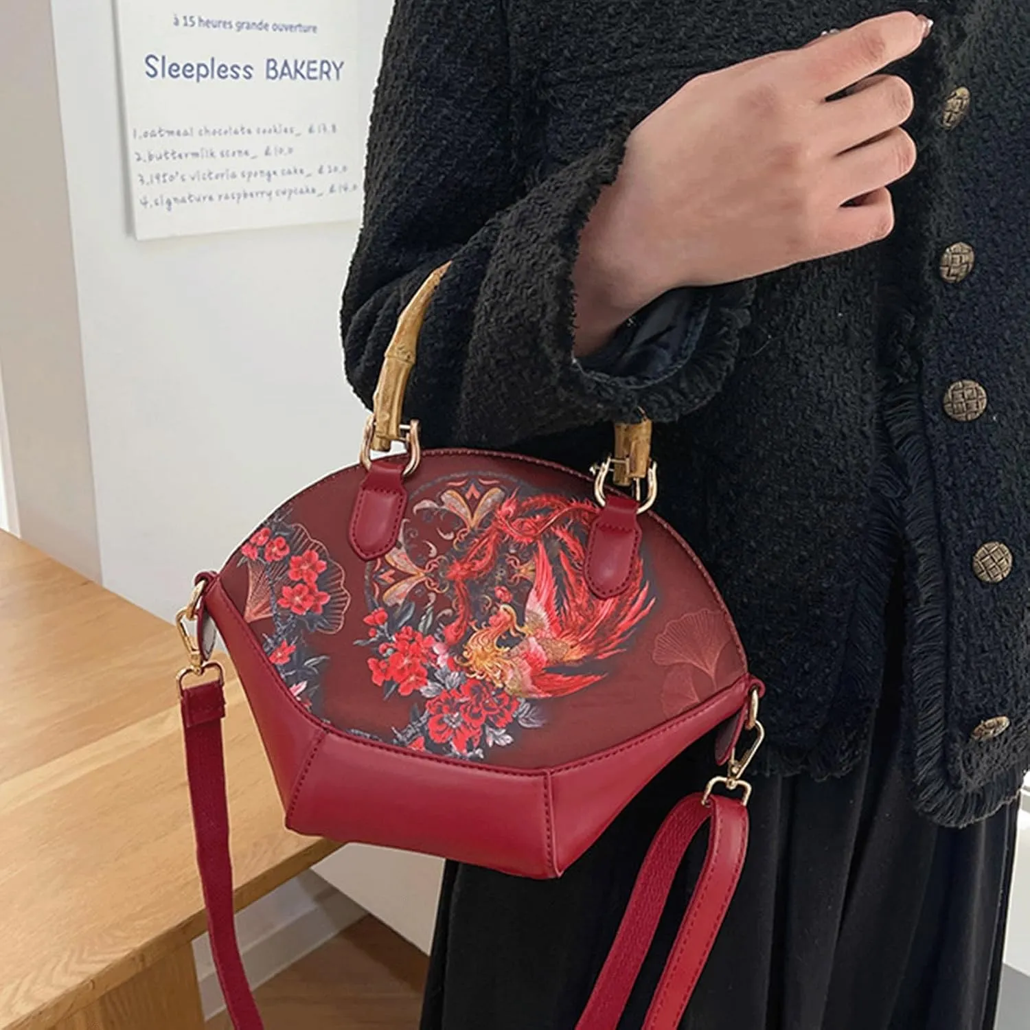Bamboo Handle Purse for Woman Retro Floral Printed Handbag Elegant Purses Lightweight Top Handle Dome Satchel Bag