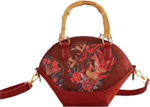 Bamboo Handle Purse for Woman Retro Floral Printed Handbag Elegant Purses Lightweight Top Handle Dome Satchel Bag