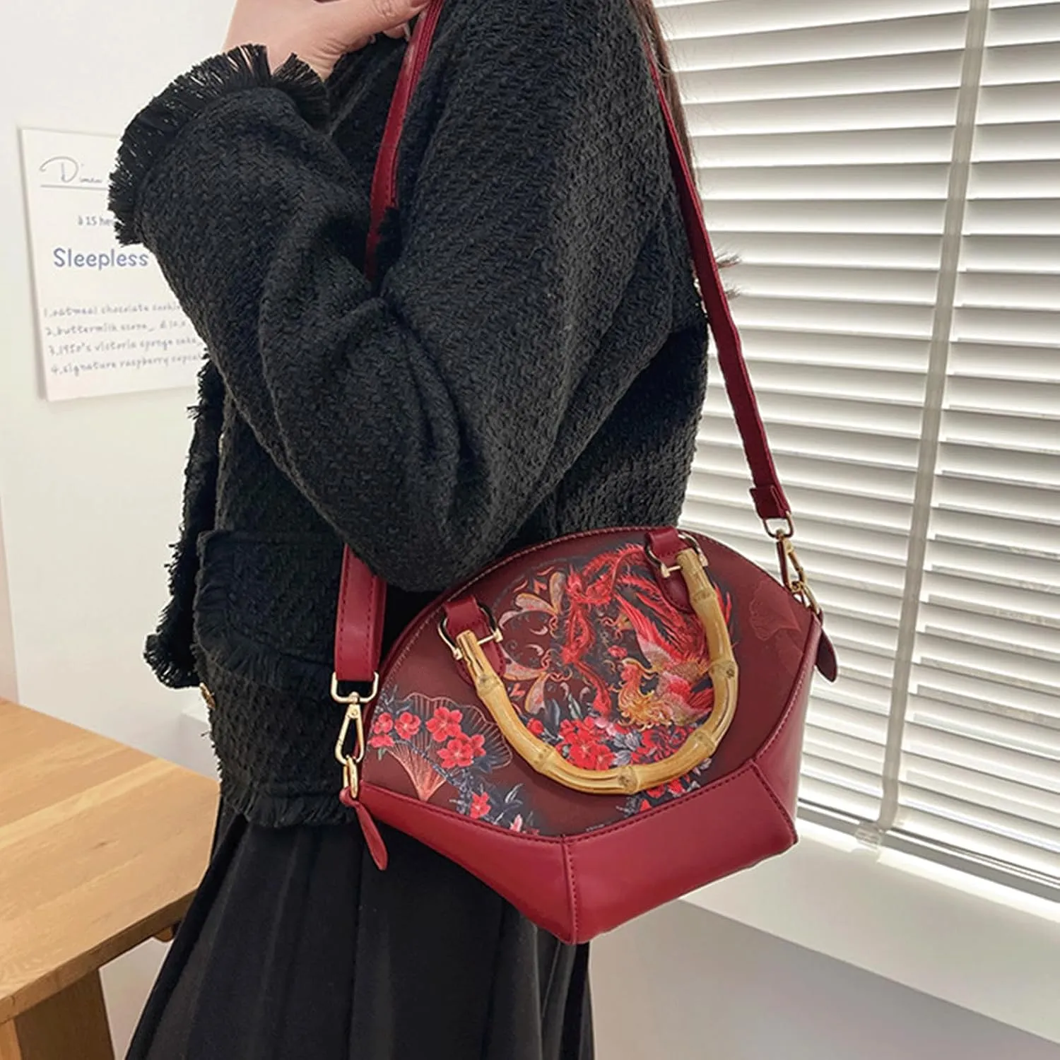 Bamboo Handle Purse for Woman Retro Floral Printed Handbag Elegant Purses Lightweight Top Handle Dome Satchel Bag