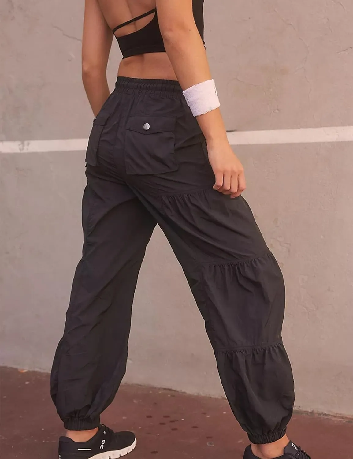 Bankeng Parachute Pants for Women Cargo Pants with Pockets Elastic Waist Drawstring Baggy Hiking Pants
