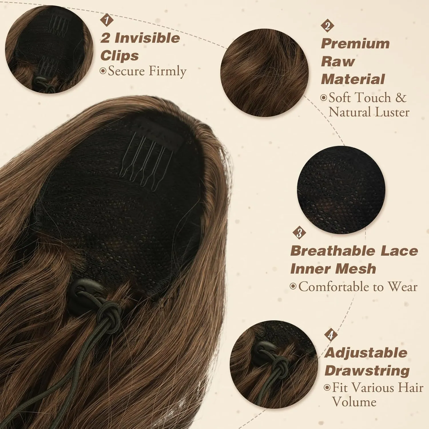 BARSDAR 16 Inch Drawstring Ponytail Extension - Short Wavy Drawstring Ponytail Hair Extensions for Women - Synthetic Fake Clip in Pony Tail Hairpieces Daily - Brown & Auburn Mixed