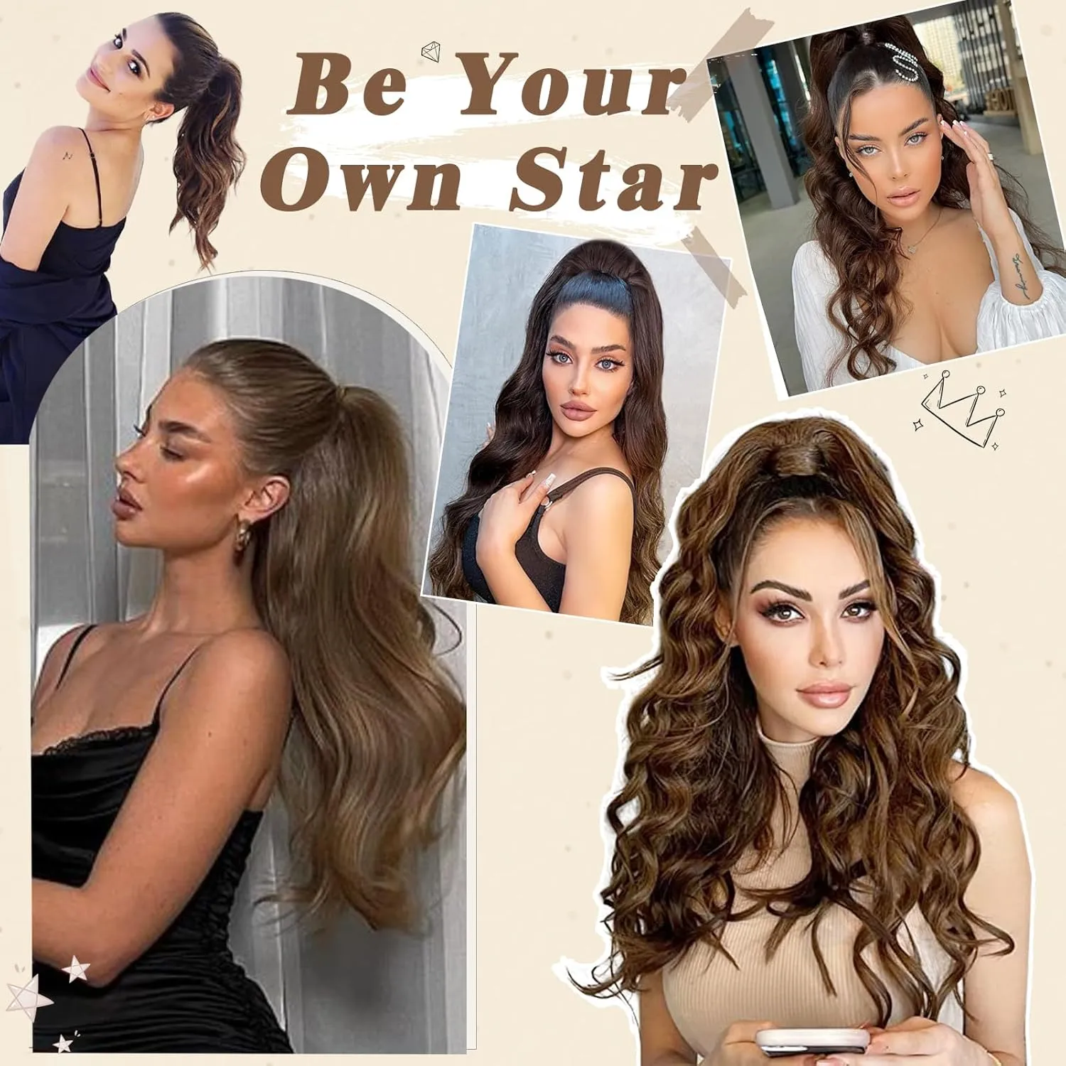 BARSDAR 16 Inch Drawstring Ponytail Extension - Short Wavy Drawstring Ponytail Hair Extensions for Women - Synthetic Fake Clip in Pony Tail Hairpieces Daily - Brown & Auburn Mixed
