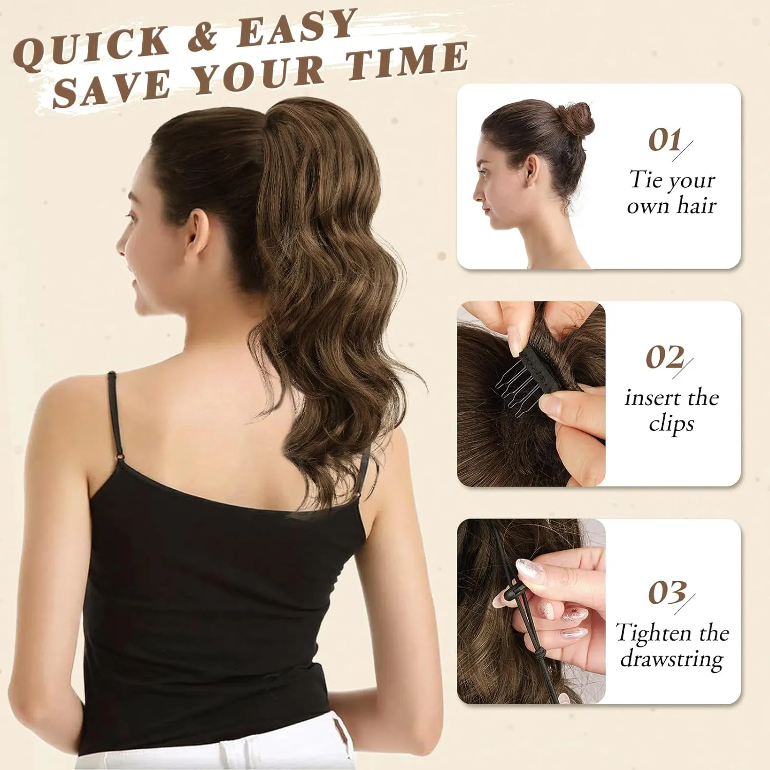 BARSDAR 16 Inch Drawstring Ponytail Extension - Short Wavy Drawstring Ponytail Hair Extensions for Women - Synthetic Fake Clip in Pony Tail Hairpieces Daily - Brown & Auburn Mixed