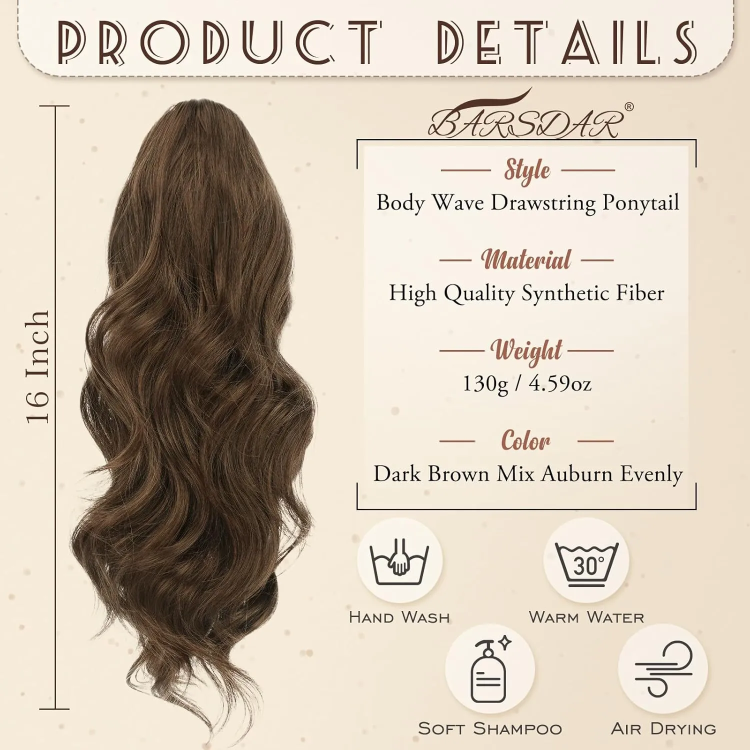 BARSDAR 16 Inch Drawstring Ponytail Extension - Short Wavy Drawstring Ponytail Hair Extensions for Women - Synthetic Fake Clip in Pony Tail Hairpieces Daily - Brown & Auburn Mixed