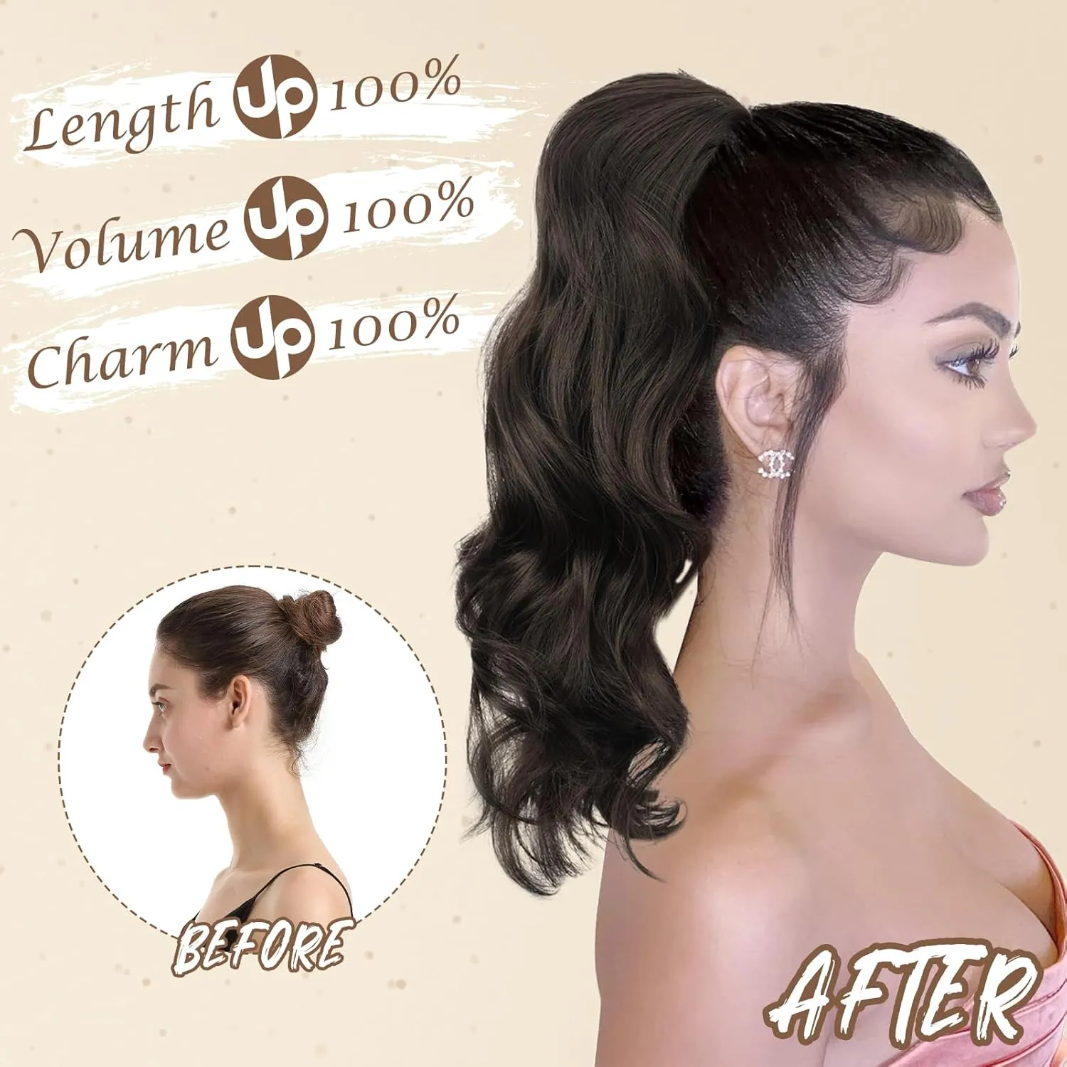 BARSDAR 16 Inch Drawstring Ponytail Extension - Short Wavy Drawstring Ponytail Hair Extensions for Women - Synthetic Fake Clip in Pony Tail Hairpieces Daily - Brown & Auburn Mixed