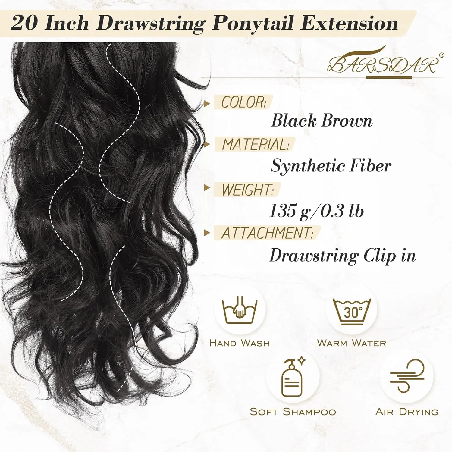 BARSDAR Black Brown Ponytail Extension - 20 Inch Curly Wavy Drawstring Ponytail Hair Extensions for Women - Synthetic Drawstring Clip in Pony Tails Hairpieces Daily Party - Black Brown