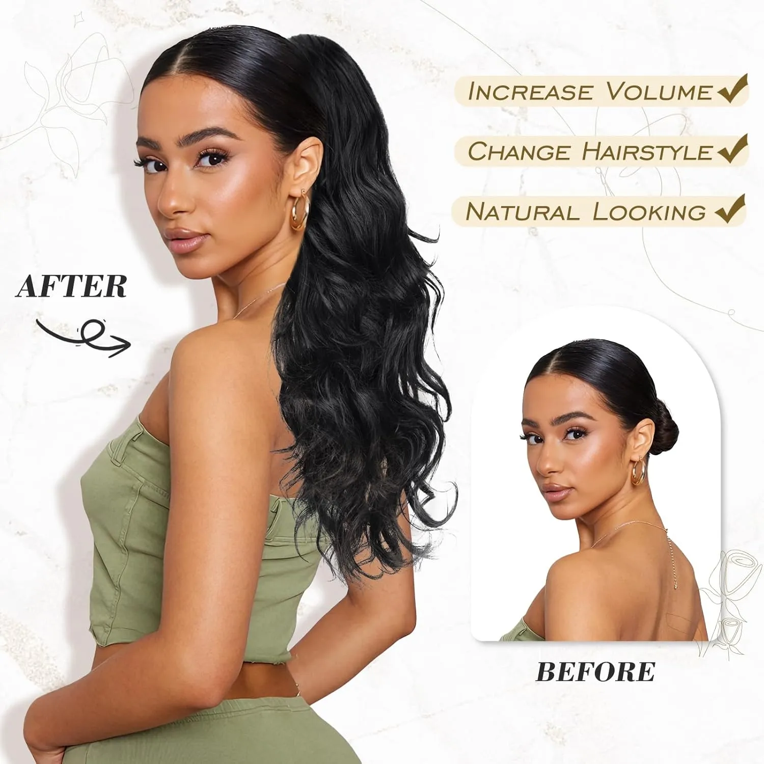 BARSDAR Black Brown Ponytail Extension - 20 Inch Curly Wavy Drawstring Ponytail Hair Extensions for Women - Synthetic Drawstring Clip in Pony Tails Hairpieces Daily Party - Black Brown
