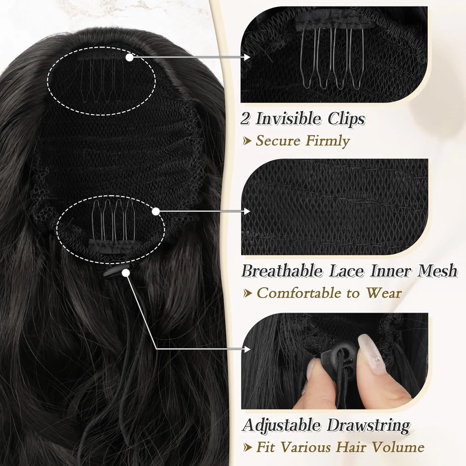 BARSDAR Black Brown Ponytail Extension - 20 Inch Curly Wavy Drawstring Ponytail Hair Extensions for Women - Synthetic Drawstring Clip in Pony Tails Hairpieces Daily Party - Black Brown