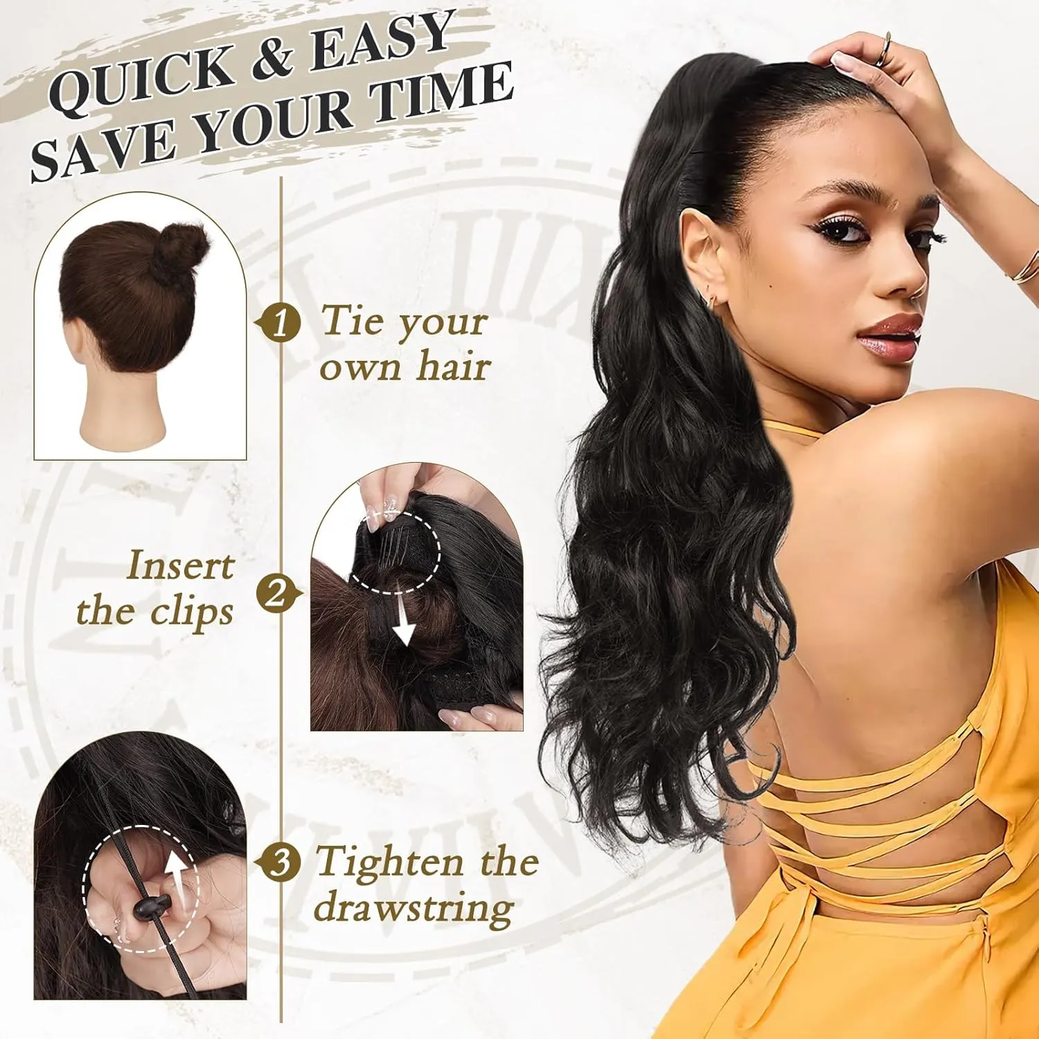 BARSDAR Black Brown Ponytail Extension - 20 Inch Curly Wavy Drawstring Ponytail Hair Extensions for Women - Synthetic Drawstring Clip in Pony Tails Hairpieces Daily Party - Black Brown