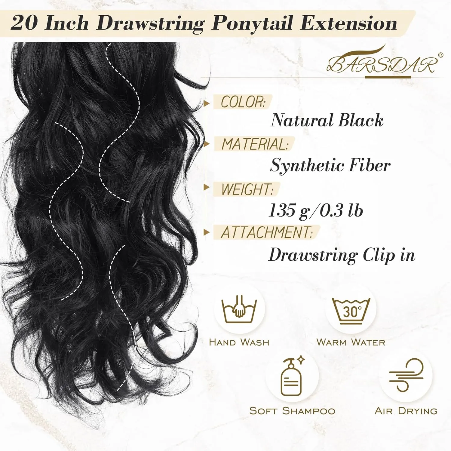 BARSDAR Black Ponytail Extension - Drawstring Ponytail Hair Extensions for Women 20 Inch Curly Wavy Ponytails - Synthetic Clip in Pony Tails Hairpieces Fake Pony Tails - Natural Black
