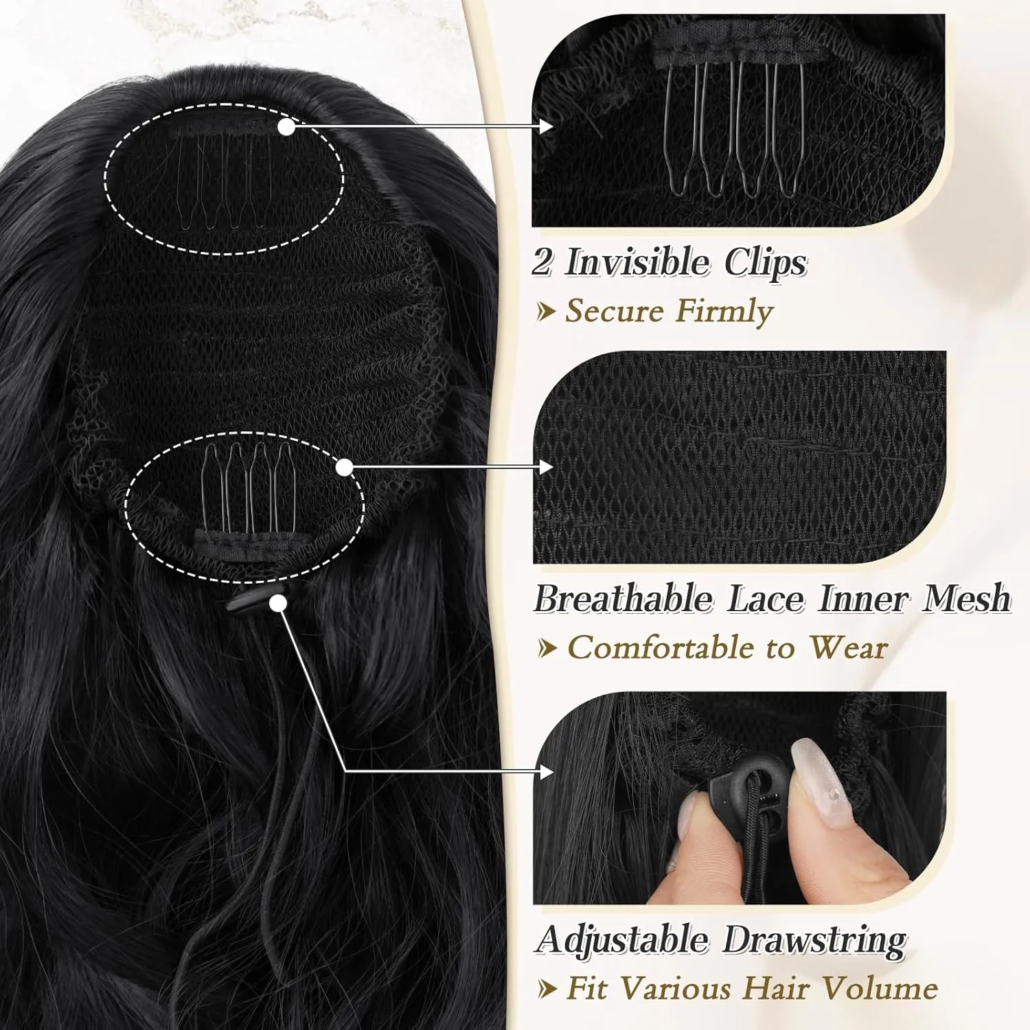 BARSDAR Black Ponytail Extension - Drawstring Ponytail Hair Extensions for Women 20 Inch Curly Wavy Ponytails - Synthetic Clip in Pony Tails Hairpieces Fake Pony Tails - Natural Black