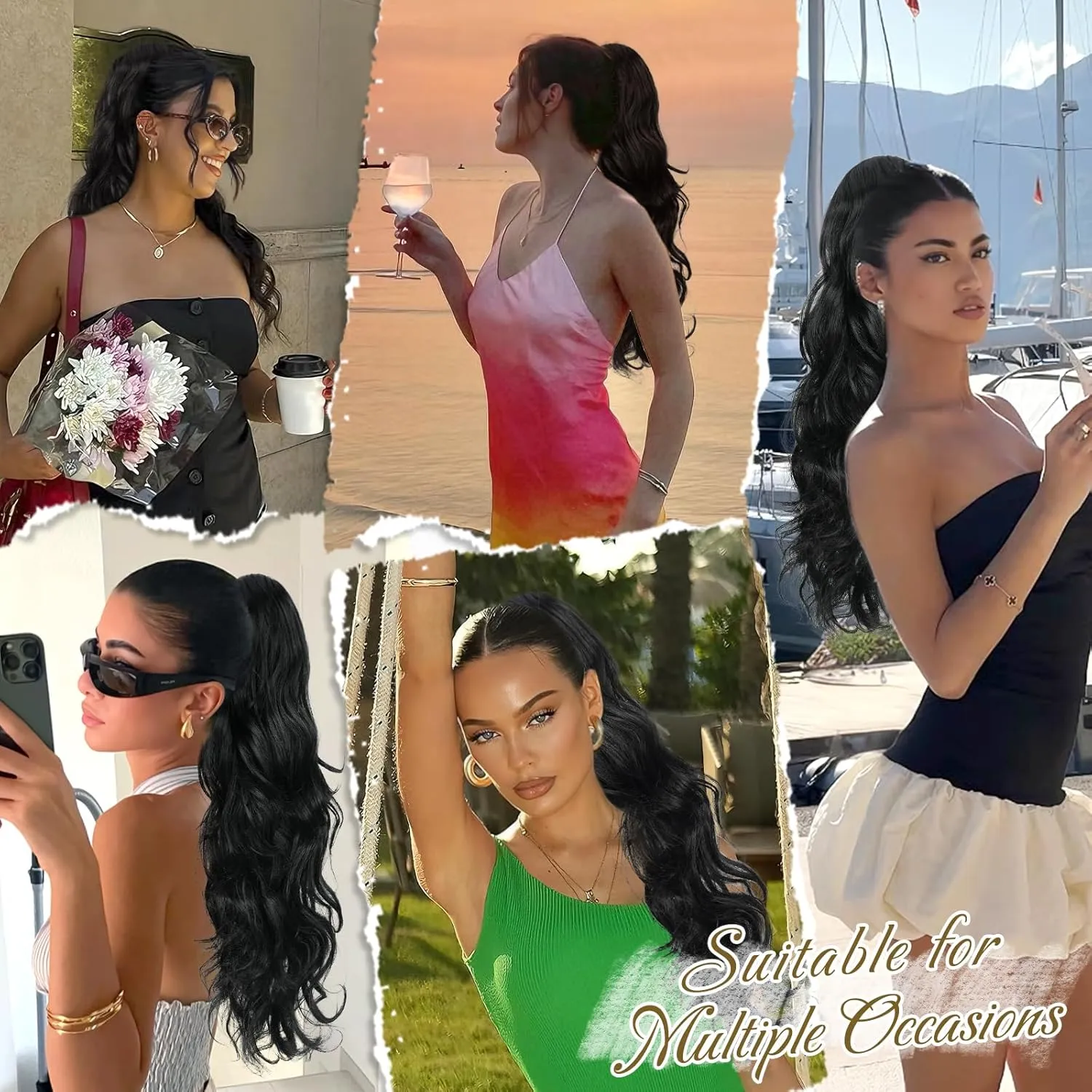 BARSDAR Black Ponytail Extension - Drawstring Ponytail Hair Extensions for Women 20 Inch Curly Wavy Ponytails - Synthetic Clip in Pony Tails Hairpieces Fake Pony Tails - Natural Black