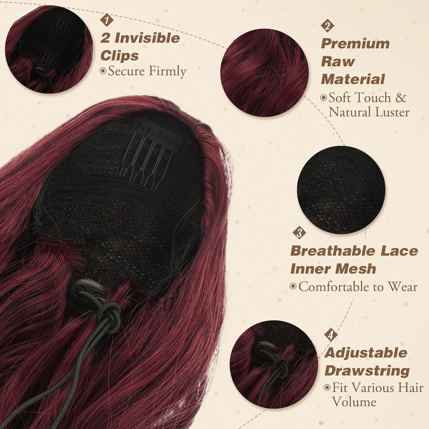 BARSDAR Burgundy Red Ponytail Extension - 26 Inch Long Wavy Drawstring Ponytail Hair Extensions for Women - Voluminous Natural Looking Synthetic Clip in Pony Tails Hairpieces - Burgundy