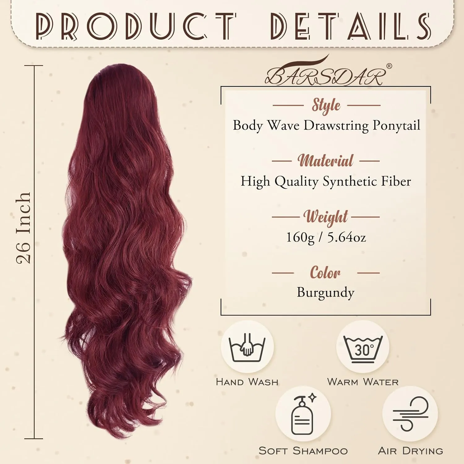BARSDAR Burgundy Red Ponytail Extension - 26 Inch Long Wavy Drawstring Ponytail Hair Extensions for Women - Voluminous Natural Looking Synthetic Clip in Pony Tails Hairpieces - Burgundy