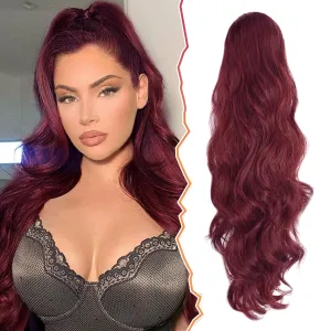 BARSDAR Burgundy Red Ponytail Extension - 26 Inch Long Wavy Drawstring Ponytail Hair Extensions for Women - Voluminous Natural Looking Synthetic Clip in Pony Tails Hairpieces - Burgundy