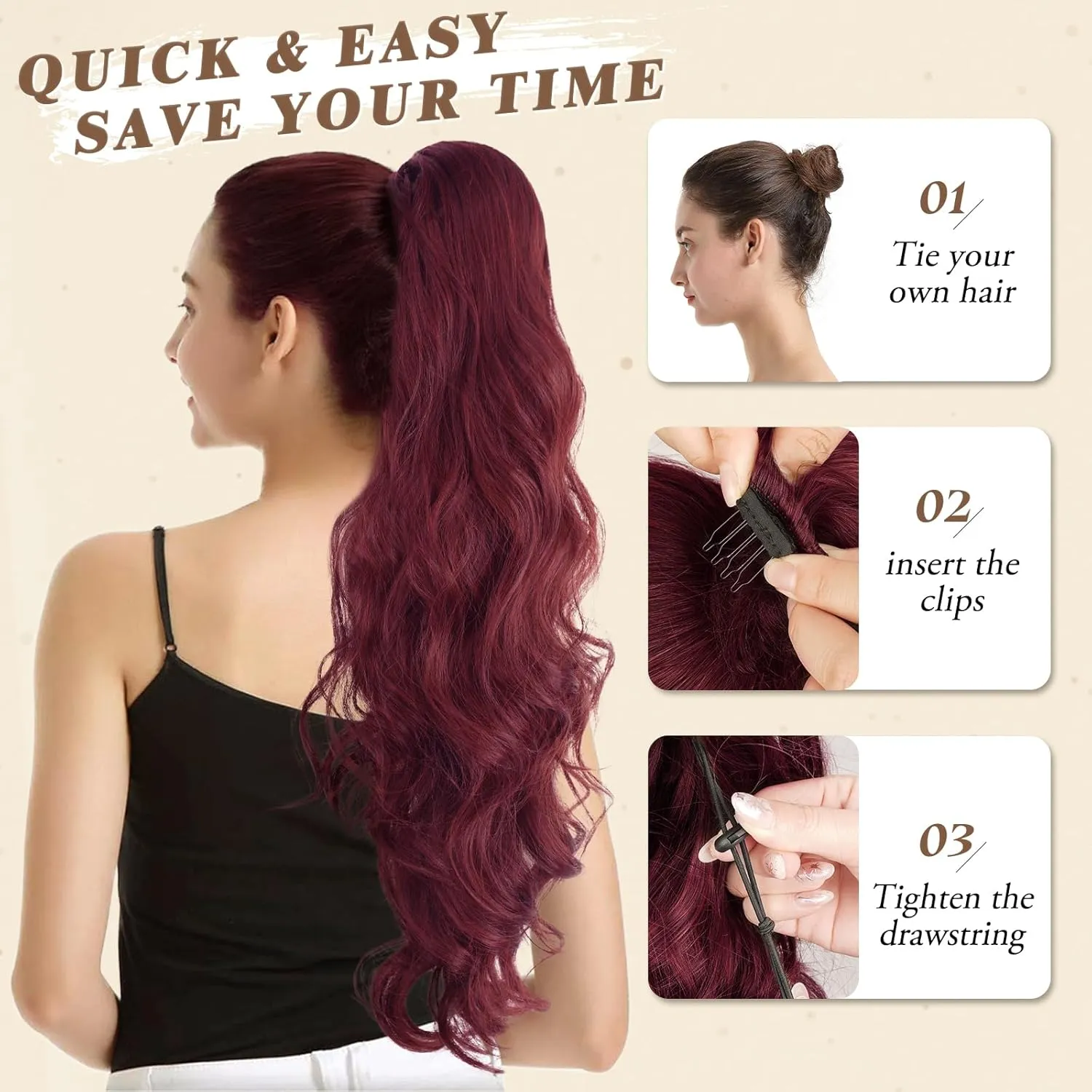 BARSDAR Burgundy Red Ponytail Extension - 26 Inch Long Wavy Drawstring Ponytail Hair Extensions for Women - Voluminous Natural Looking Synthetic Clip in Pony Tails Hairpieces - Burgundy