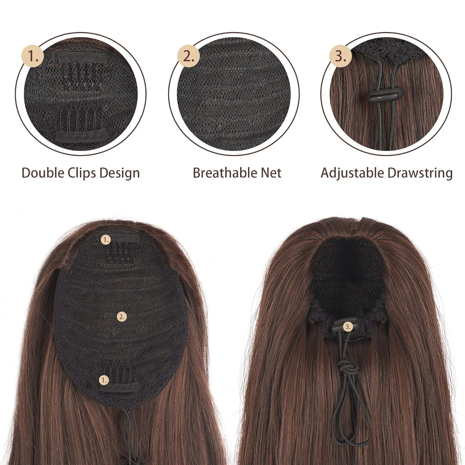 BARSDAR Dark Brown Ponytail Extension - 14 Inch Short Straight Drawstring Ponytail Extensions for Women, Synthetic Drawstring Clip in Pony Tails Hairpieces Fake Straight Ponytails - Darkest Brown