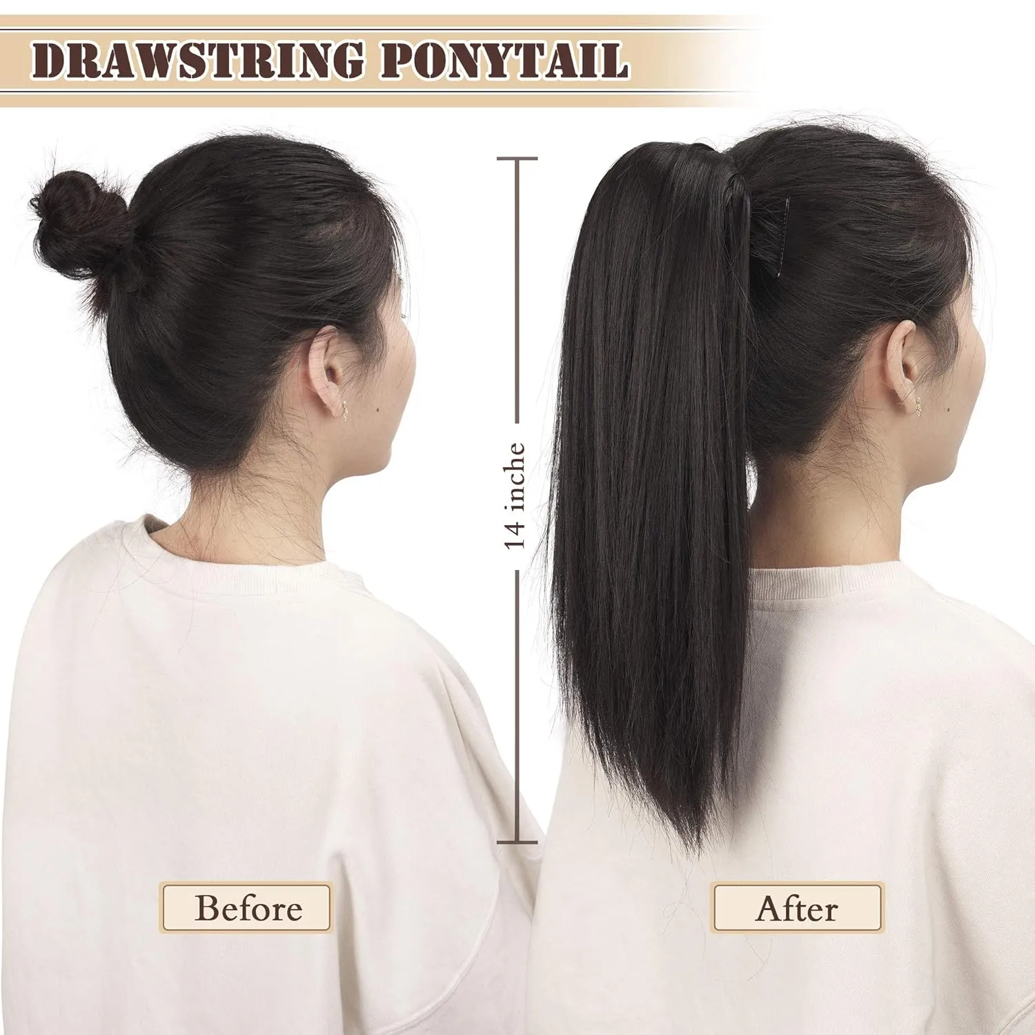 BARSDAR Dark Brown Ponytail Extension - 14 Inch Short Straight Drawstring Ponytail Extensions for Women, Synthetic Drawstring Clip in Pony Tails Hairpieces Fake Straight Ponytails - Darkest Brown