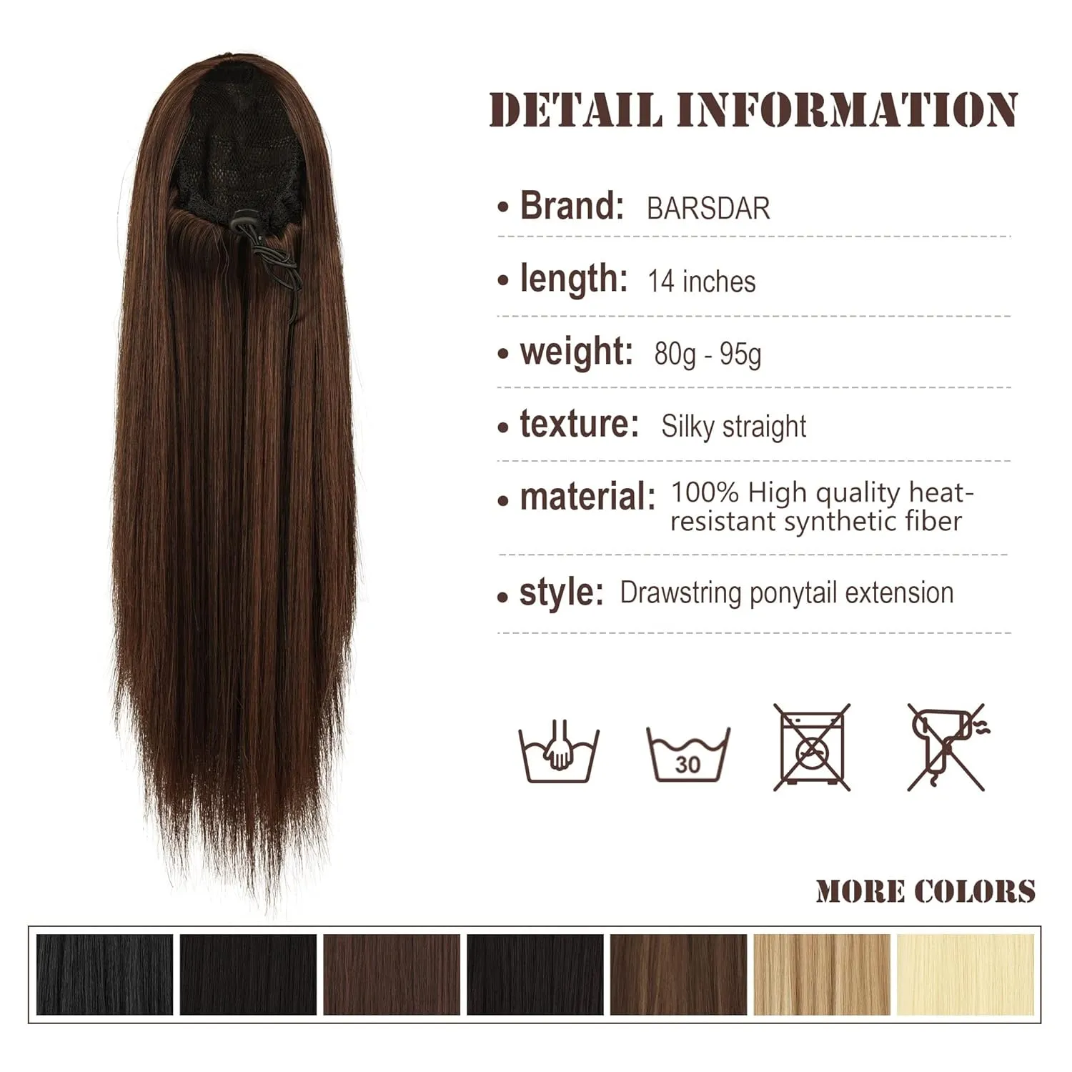 BARSDAR Dark Brown Ponytail Extension - 14 Inch Short Straight Drawstring Ponytail Extensions for Women, Synthetic Drawstring Clip in Pony Tails Hairpieces Fake Straight Ponytails - Darkest Brown