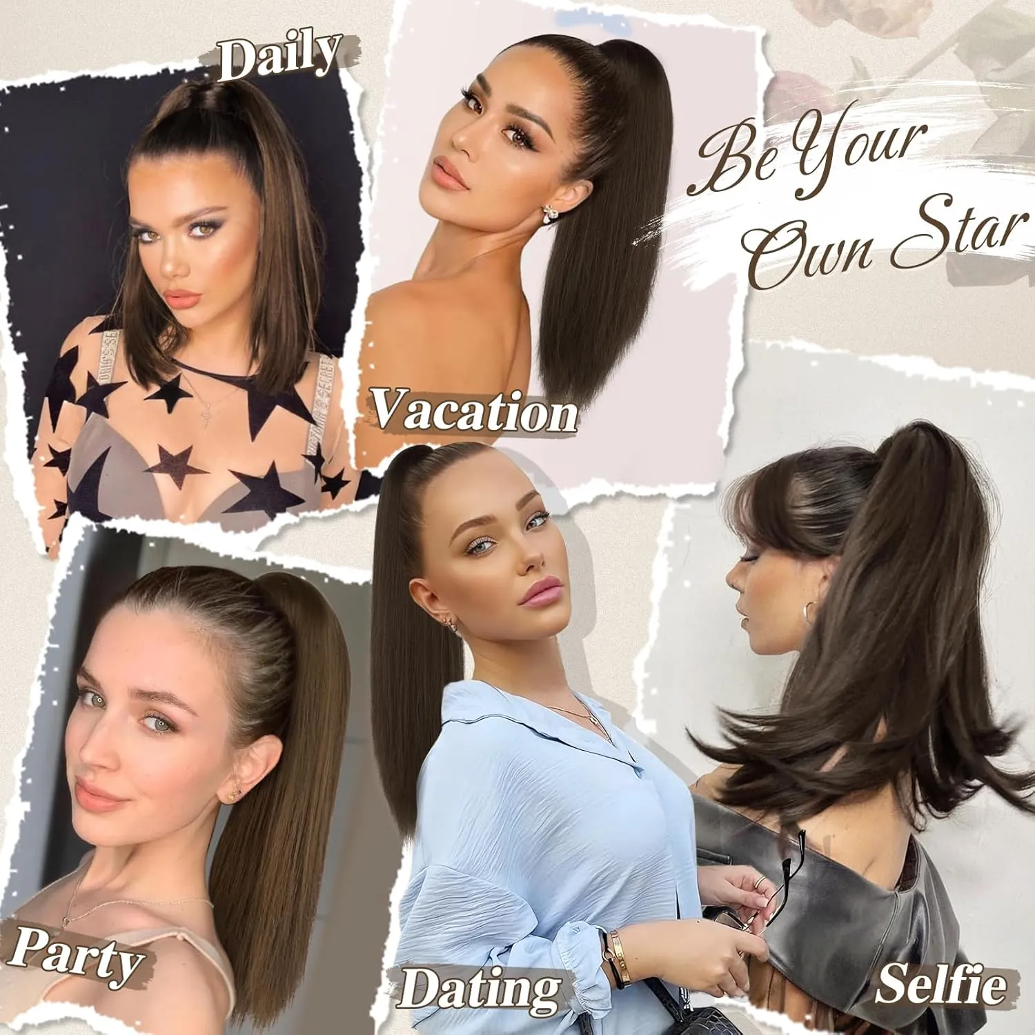BARSDAR Dark Brown Ponytail Extension - 16 Inch Short Straight Drawstring Ponytail Hair Extensions for Women, Soft Synthetic Clip in Pony Tails Hairpieces Fake Ponytail Daily - Dark Brown