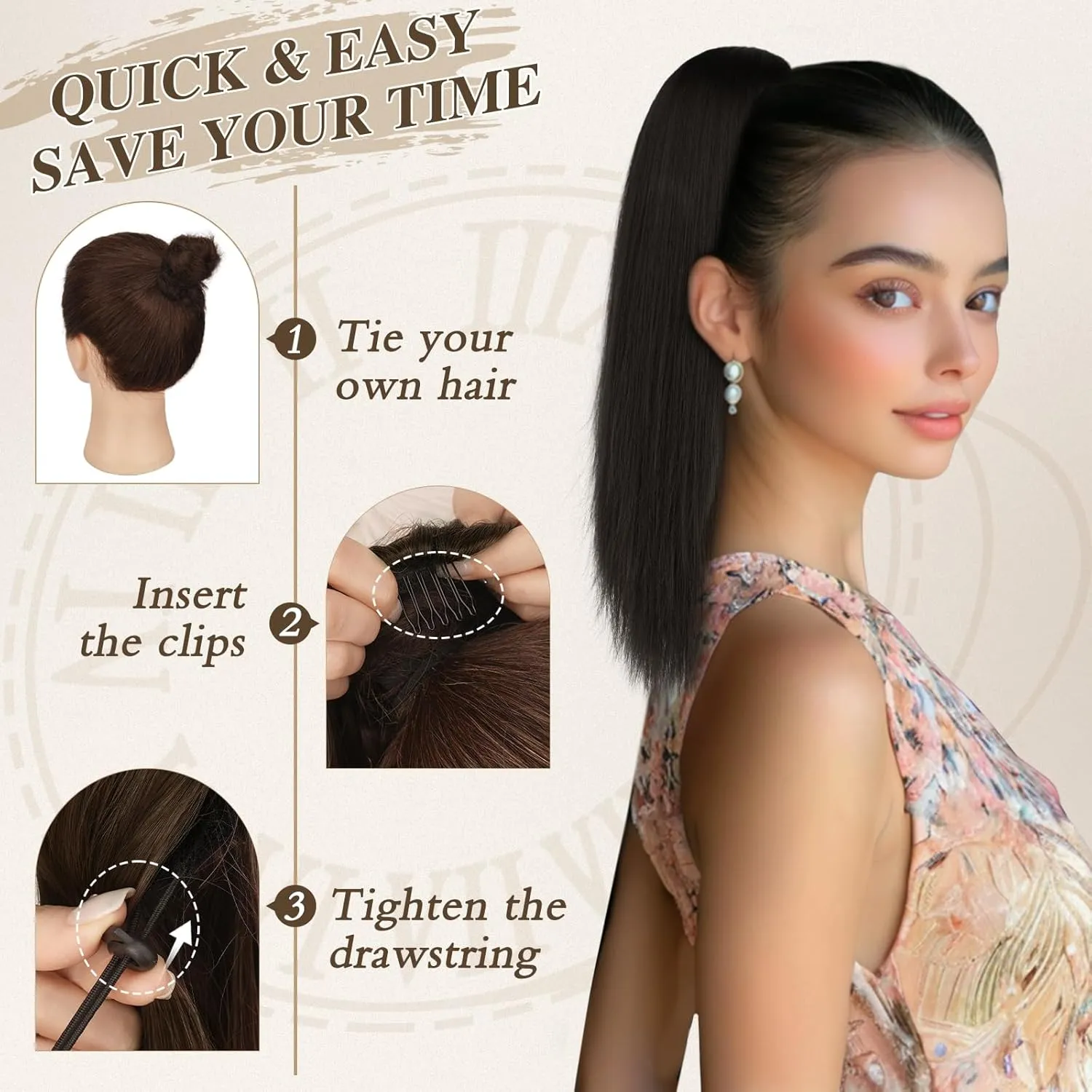 BARSDAR Dark Brown Ponytail Extension - 16 Inch Short Straight Drawstring Ponytail Hair Extensions for Women, Soft Synthetic Clip in Pony Tails Hairpieces Fake Ponytail Daily - Dark Brown