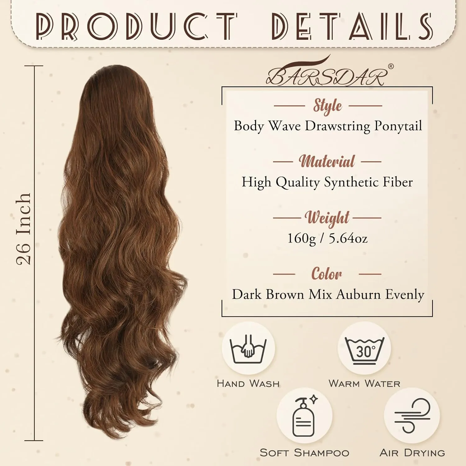 BARSDAR Ponytail Extension - 26 Inch Long Wavy Drawstring Ponytail Extension for Women - Drawstring Ponytail Hair Extensions Synthetic Clip in Pony Tail Hairpieces Daily - Brown & Auburn Mixed