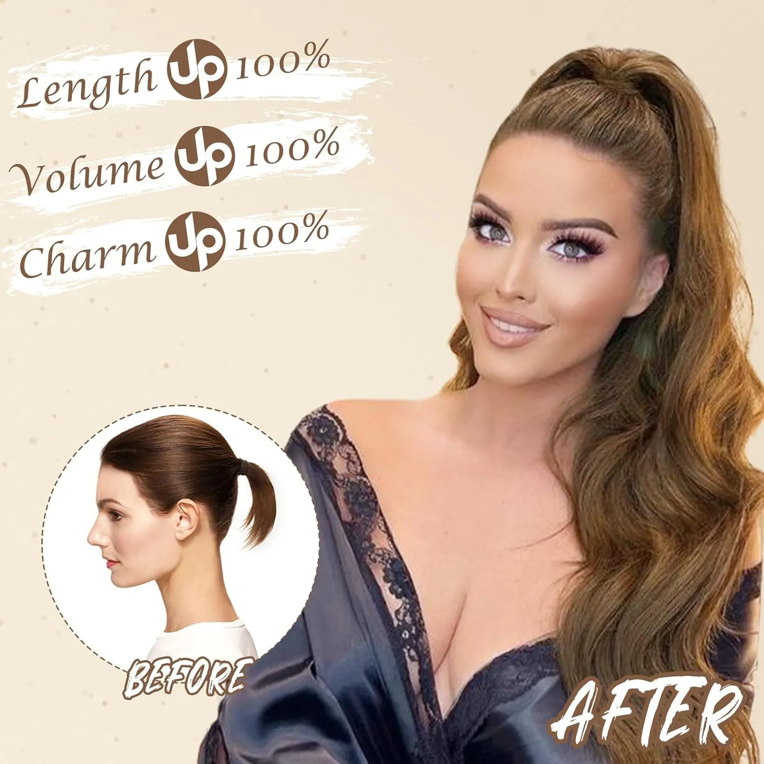 BARSDAR Ponytail Extension - 26 Inch Long Wavy Drawstring Ponytail Extension for Women - Drawstring Ponytail Hair Extensions Synthetic Clip in Pony Tail Hairpieces Daily - Brown & Auburn Mixed