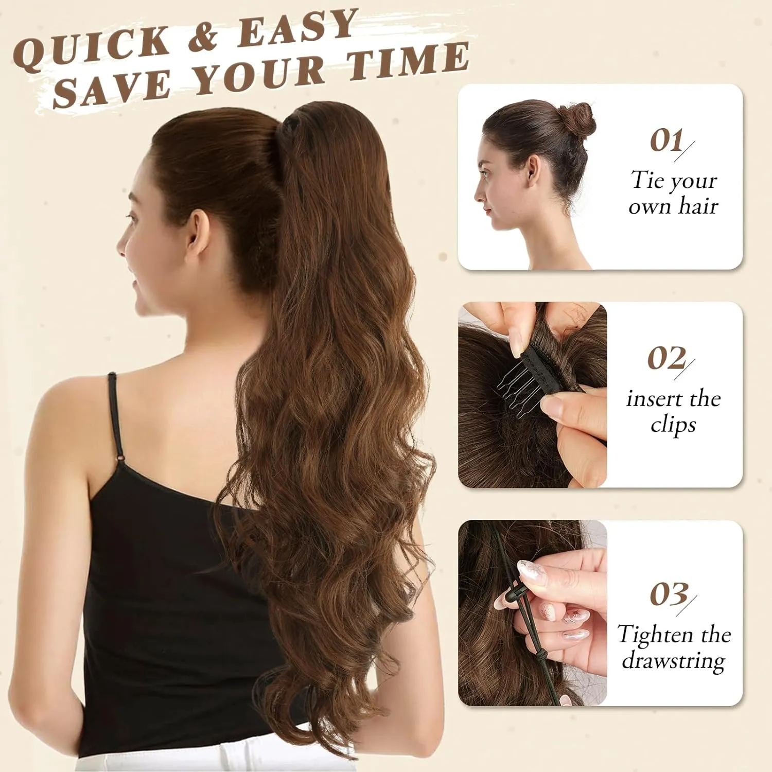 BARSDAR Ponytail Extension - 26 Inch Long Wavy Drawstring Ponytail Extension for Women - Drawstring Ponytail Hair Extensions Synthetic Clip in Pony Tail Hairpieces Daily - Brown & Auburn Mixed