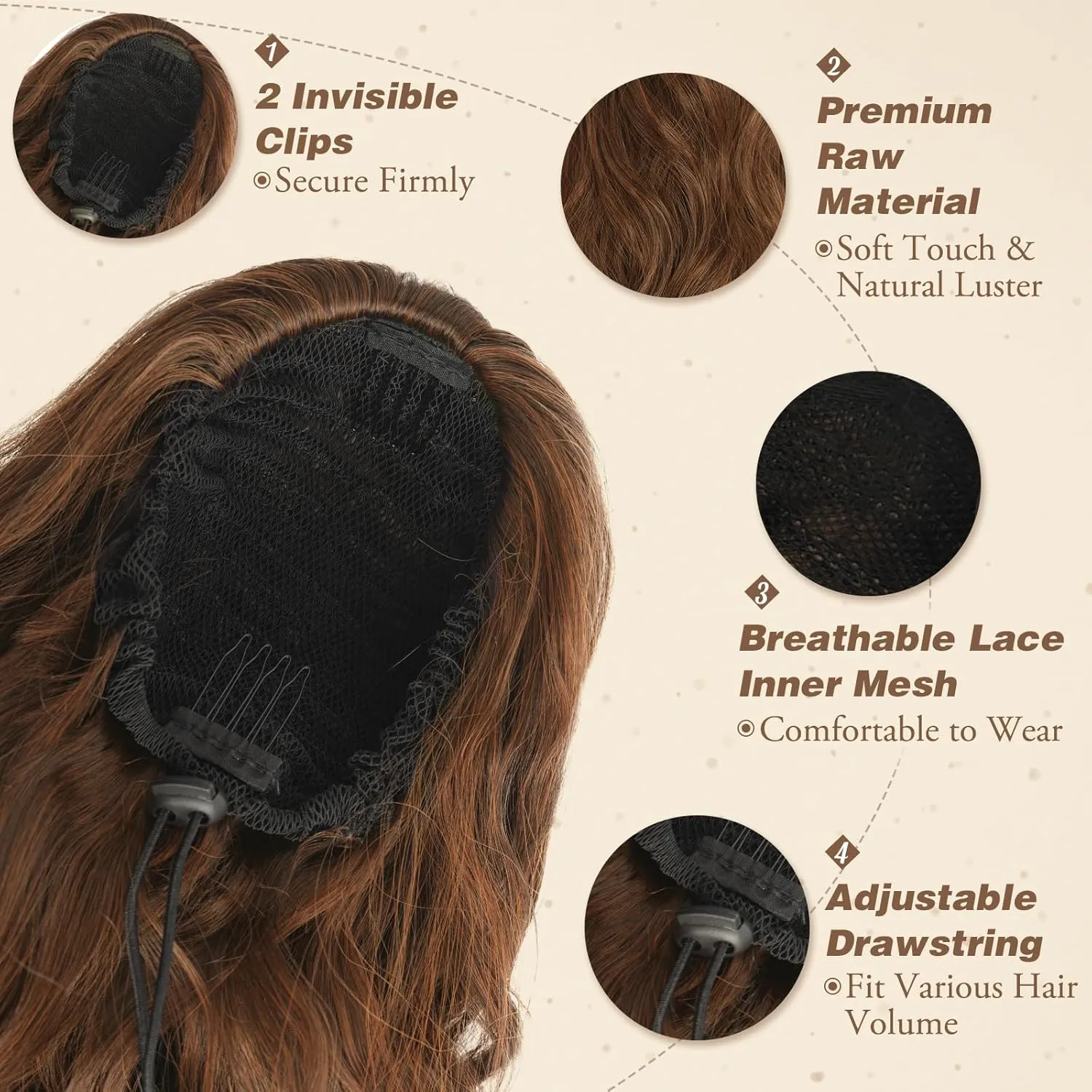 BARSDAR Ponytail Extension - 26 Inch Long Wavy Drawstring Ponytail Extension for Women - Drawstring Ponytail Hair Extensions Synthetic Clip in Pony Tail Hairpieces Daily - Brown & Auburn Mixed