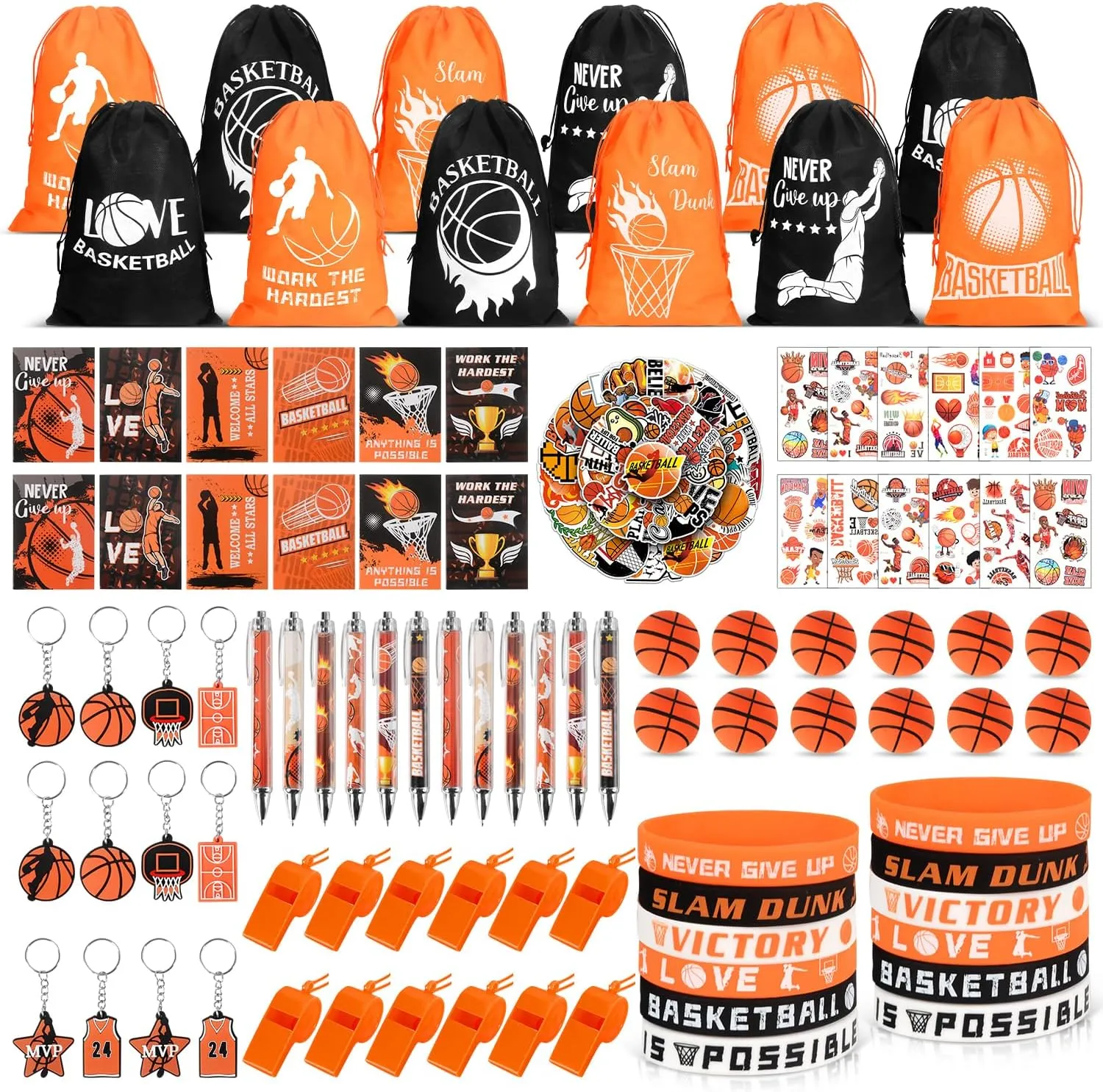 Basketball Party Favors, 146PCS Sports Birthday Party Favors with Drawstring Bags Silicone Bracelets Notebooks Pens and Stickers, Goodie Bags Team Gifts for Kids Basketball Birthday Party Supplies