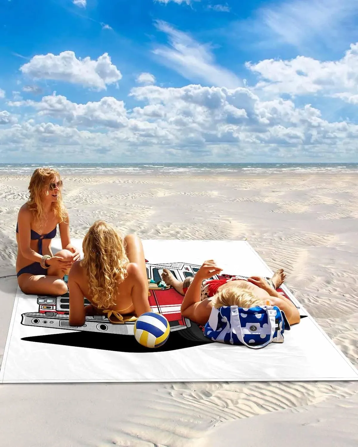 Beach Blanket Waterproof Sandproof Oversized,Cartoon Fire Truck with Emergency Equipment Beach Mat with Corner Stakes Sand Pockets,Safety Outdoor Picnic Mat for Travel Camping Hiking, 83x79In
