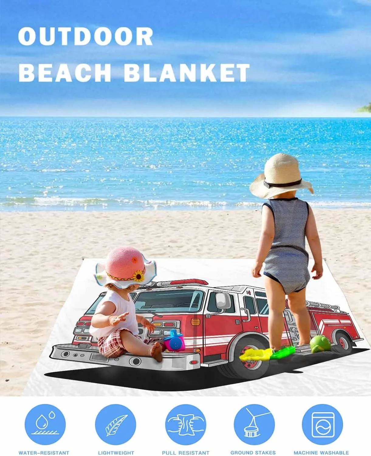 Beach Blanket Waterproof Sandproof Oversized,Cartoon Fire Truck with Emergency Equipment Beach Mat with Corner Stakes Sand Pockets,Safety Outdoor Picnic Mat for Travel Camping Hiking, 83x79In
