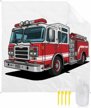 Beach Blanket Waterproof Sandproof Oversized,Cartoon Fire Truck with Emergency Equipment Beach Mat with Corner Stakes Sand Pockets,Safety Outdoor Picnic Mat for Travel Camping Hiking, 83x79In