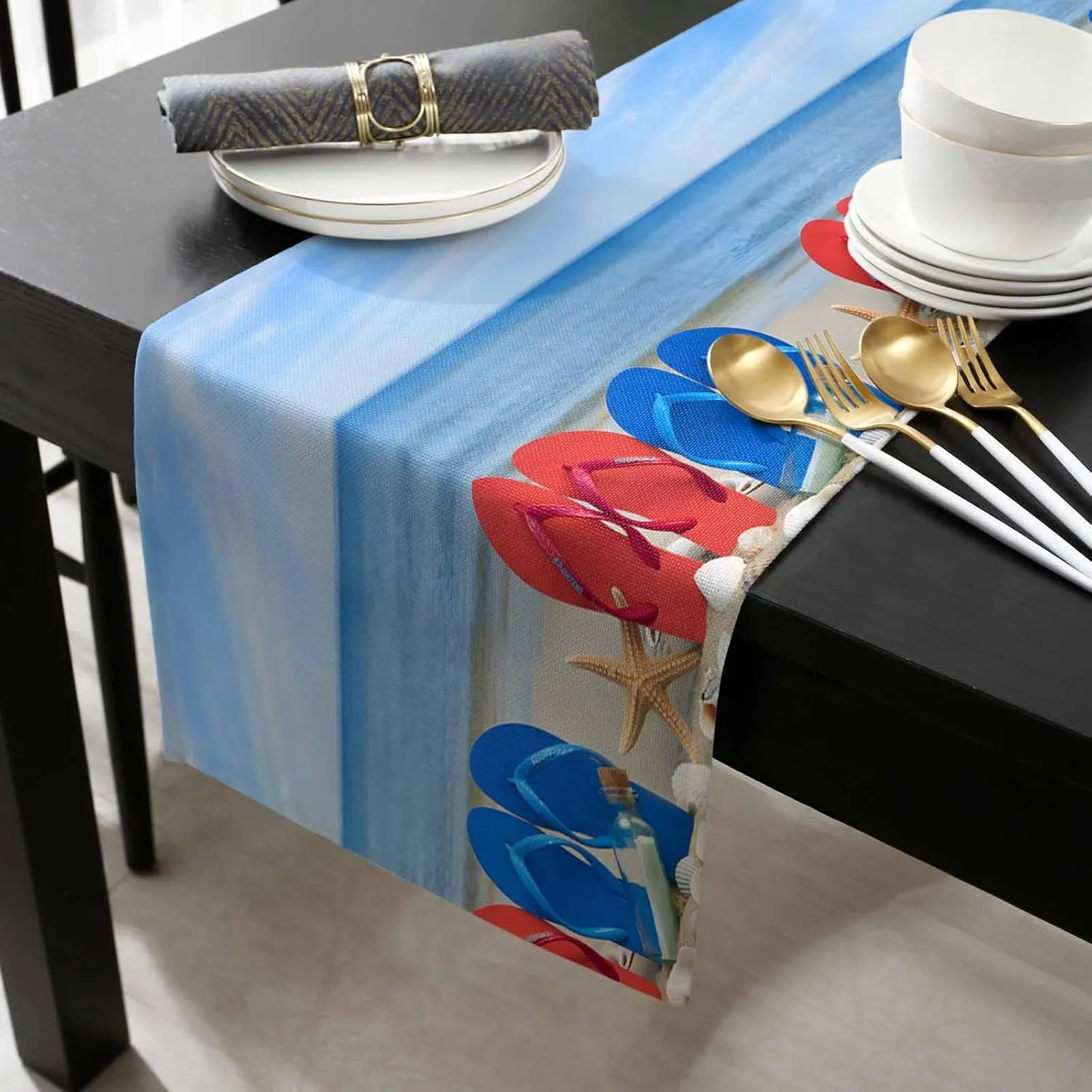 Beach Coastal Slippers Table Runner 60 Inches Long, Ocean Starfish Shell Shoreline Kitchen Dinner Coffee Tablerunners Cotton Linen Farmhouse Style Fabric for Dining Wedding Party Dresser Décor