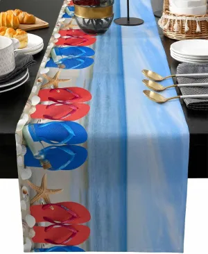 Beach Coastal Slippers Table Runner 60 Inches Long, Ocean Starfish Shell Shoreline Kitchen Dinner Coffee Tablerunners Cotton Linen Farmhouse Style Fabric for Dining Wedding Party Dresser Décor