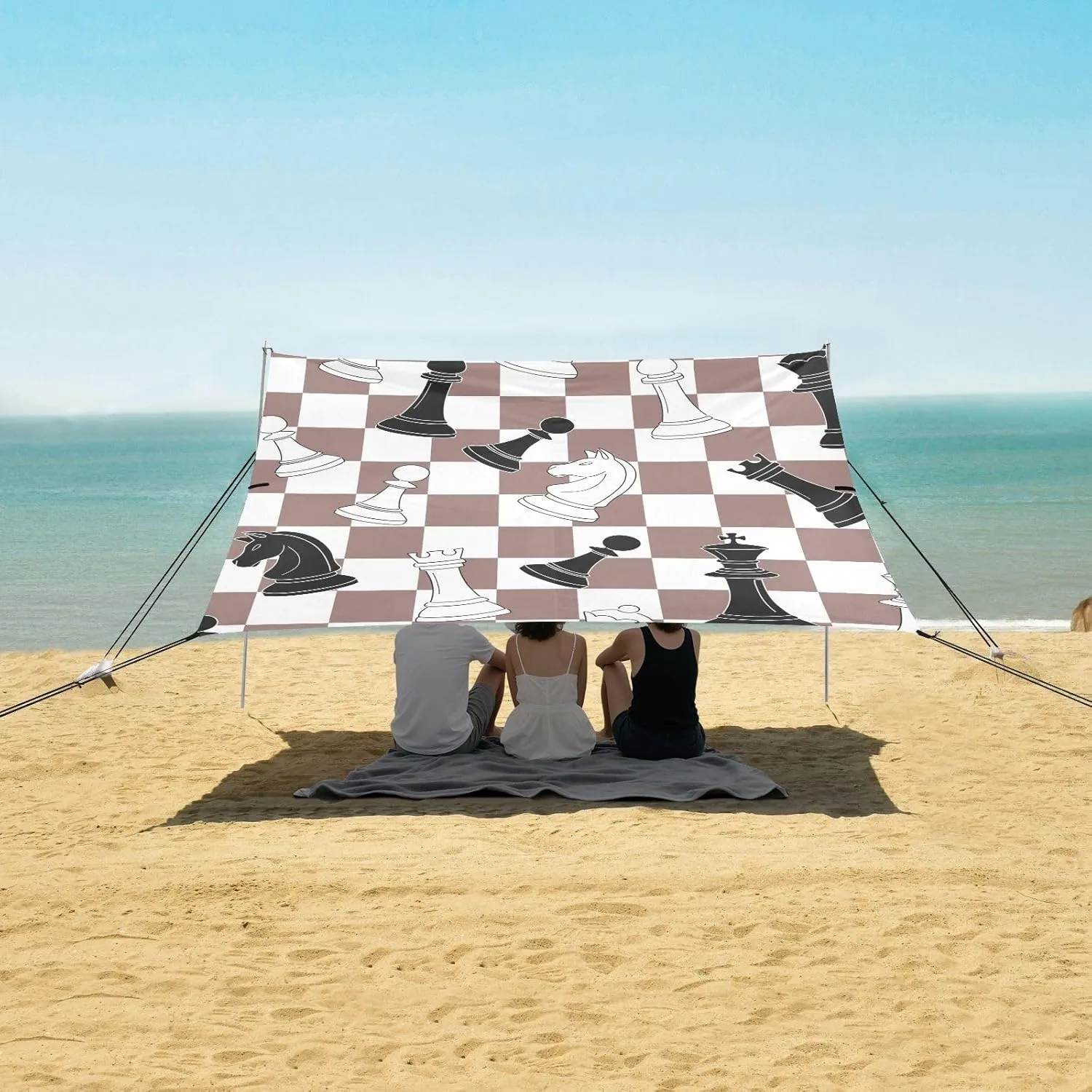 Beach Shade Tent with UPF50  UV Protection,Chess Pieces on Brown Checkered Lightweight Camping Sun Shelter for Outdoor,Camping Trips, Fishing, Backyard,Picnics,Easy Set Up and Carry 9x10.5 FT