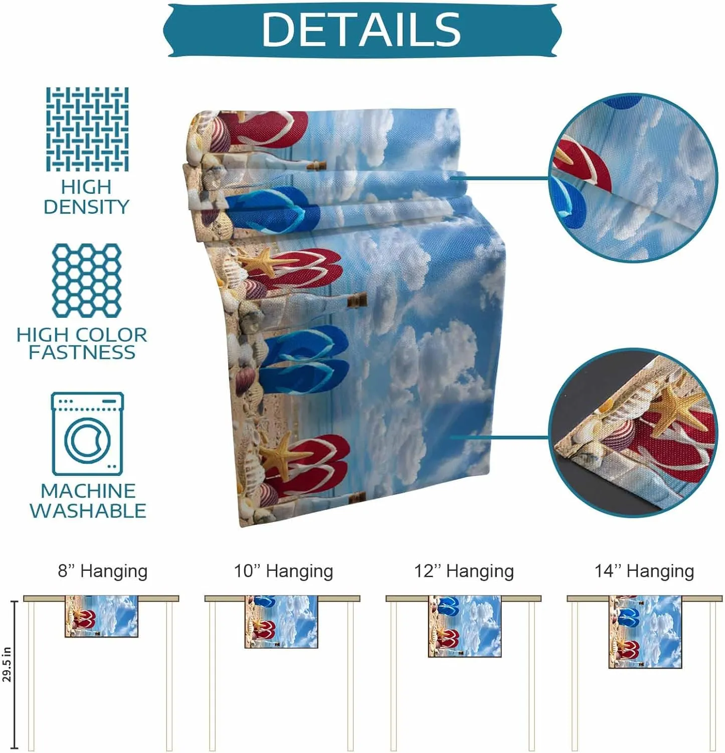 Beach Slippers Table Runner 120 Inches Long, Ocean Coastal Starfish Shell Summer Sand Kitchen Dinner Coffee Tablerunners Cotton Linen Farmhouse Style Fabric for Dining Wedding Party Dresser Décor