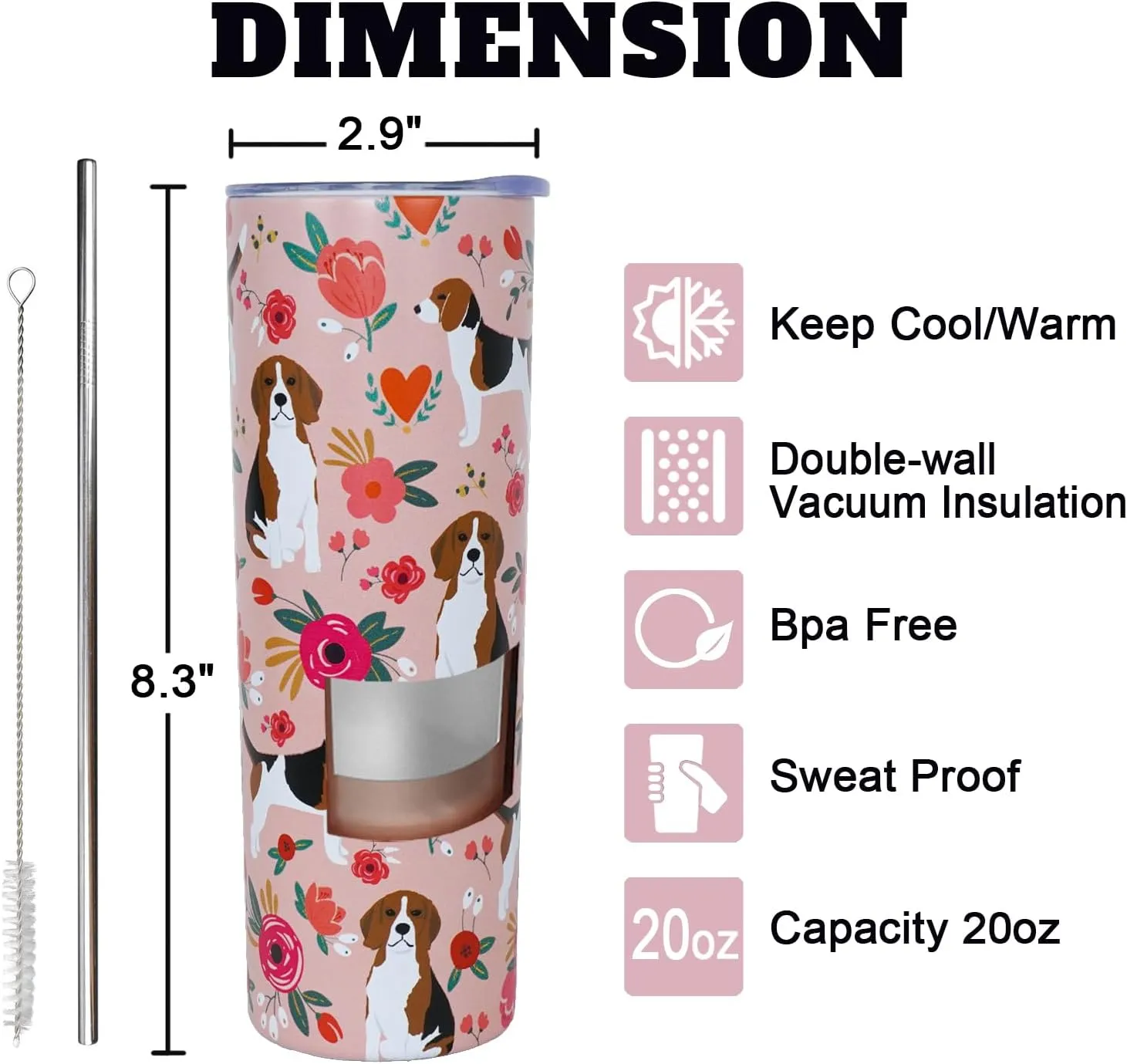 Beagle Gifts for Women Cute Dog Tumbler Coffee Cup for Women Beagle Travel Mug 20 Oz Stainless Steel Insulated Water Bottle With Lid and Straw