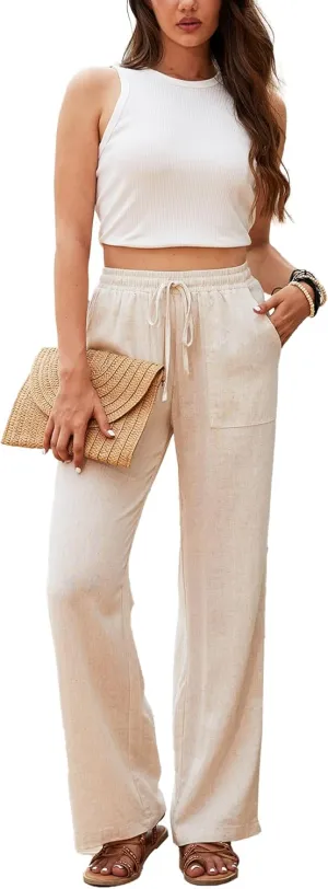 Beautiful Nomad Women's Linen Pants High Waisted Straight Pant Casual Flowy Wide Leg Drawstring Trousers with Pockets