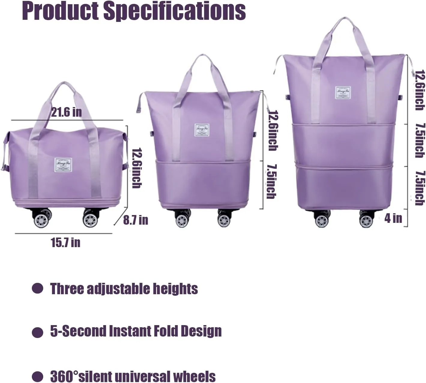 Beente Travel Bag with Wheels, 2025 New Beente Luggage with 360° Removable Silent Universal Wheels, Large Capacity Travel Bag, 5-Second Expandable Foldable, for Airports and Pavements (dark purple)